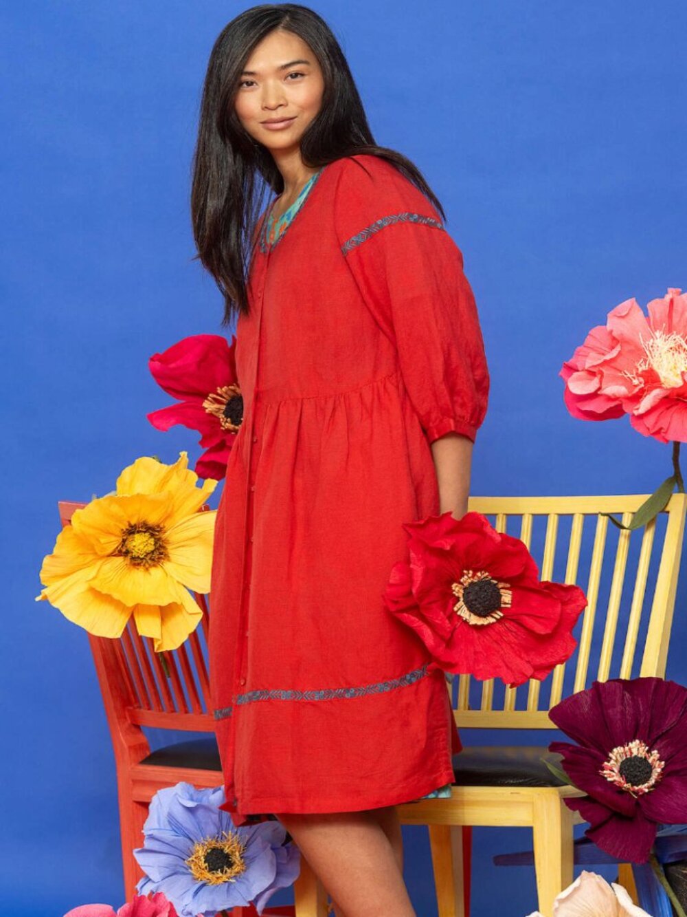 Gudrun Sjoden Margit Woven Linen Modal Midi Dress L Embroidery Lagenlook Pockets